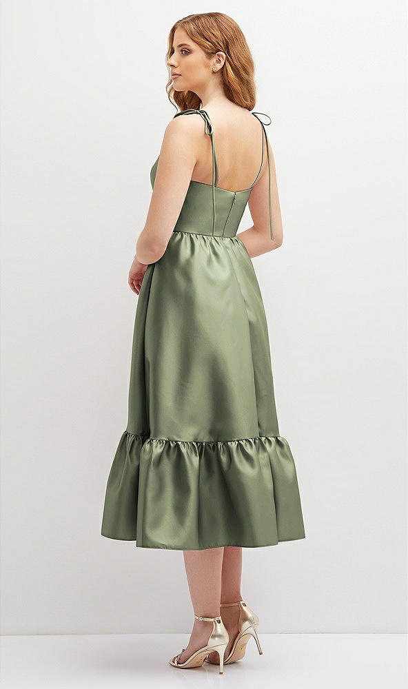 Back View - Sage Shirred Ruffle Hem Midi Dress with Self-Tie Spaghetti Straps and Pockets