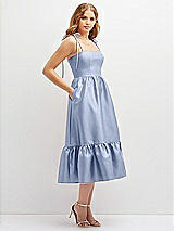 Side View Thumbnail - Sky Blue Shirred Ruffle Hem Midi Dress with Self-Tie Spaghetti Straps and Pockets