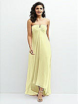 Front View Thumbnail - Butter Yellow Strapless Draped Notch Neck Chiffon High-Low Dress