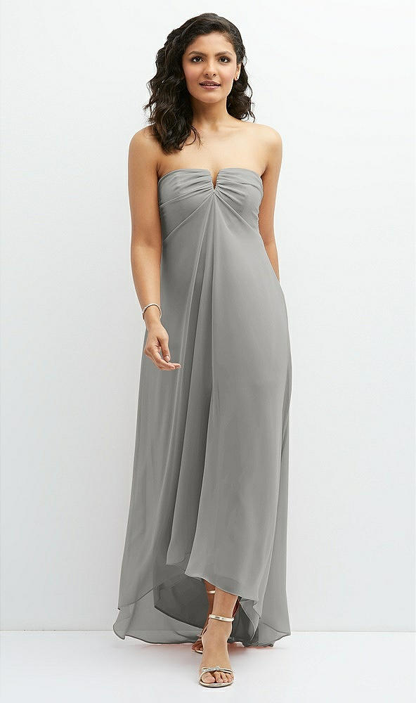 Front View - Chelsea Gray Strapless Draped Notch Neck Chiffon High-Low Dress