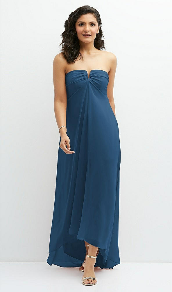 Front View - Dusk Blue Strapless Draped Notch Neck Chiffon High-Low Dress