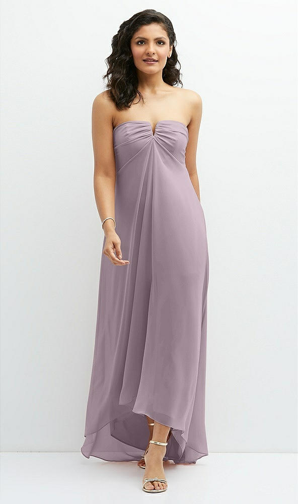 Front View - Lilac Dusk Strapless Draped Notch Neck Chiffon High-Low Dress