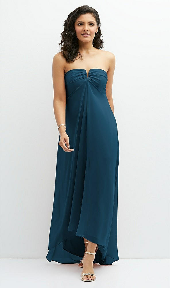 Front View - Atlantic Blue Strapless Draped Notch Neck Chiffon High-Low Dress