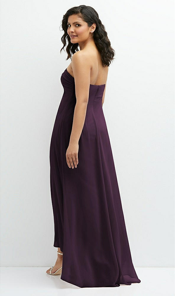 Back View - Aubergine Strapless Draped Notch Neck Chiffon High-Low Dress