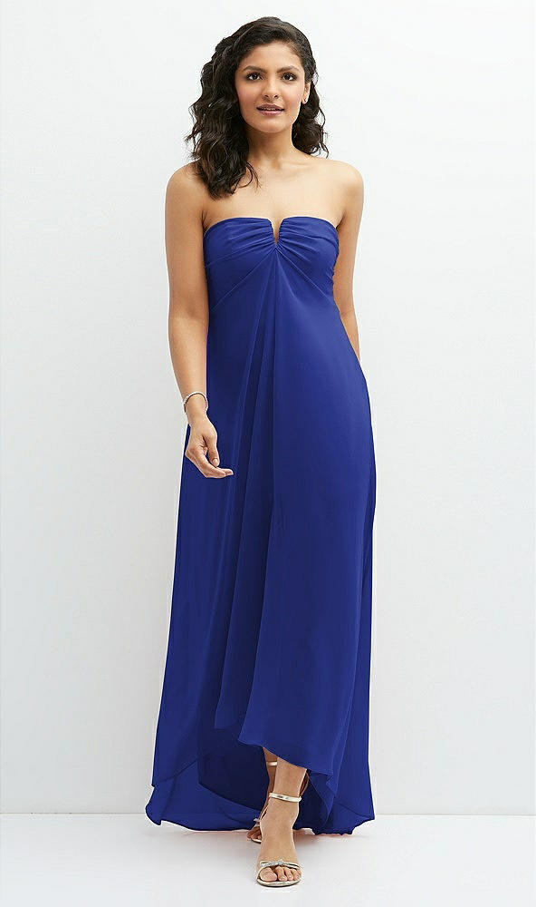 Front View - Cobalt Blue Strapless Draped Notch Neck Chiffon High-Low Dress