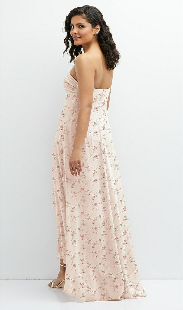 Back View - Coquette Floral Print Strapless Draped Notch Neck Chiffon High-Low Dress