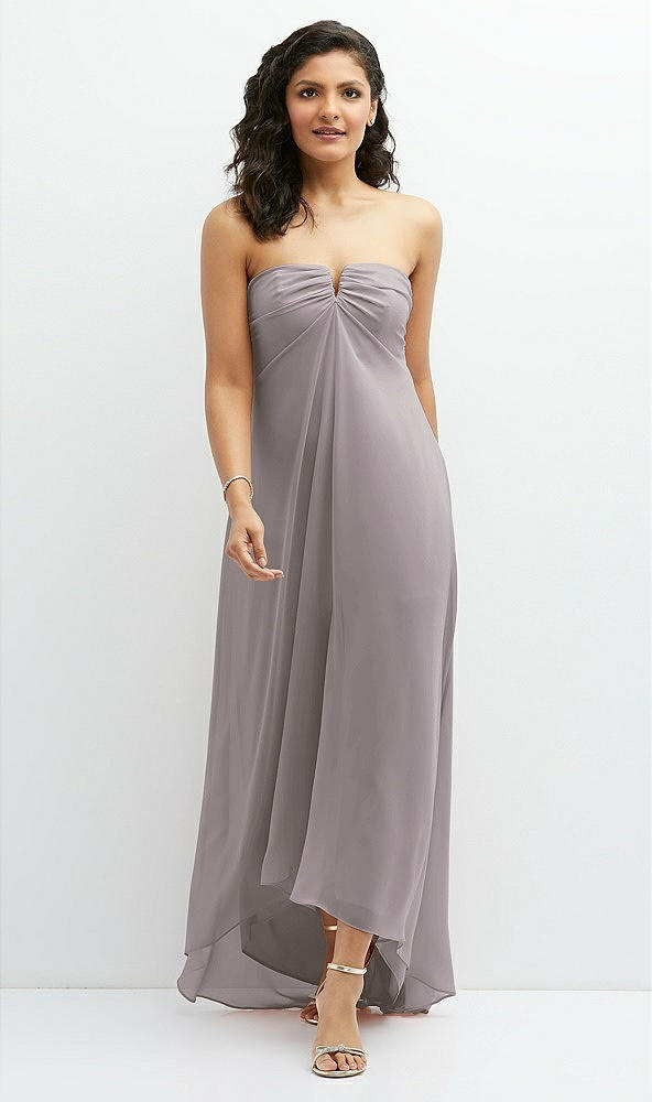 Front View - Cashmere Gray Strapless Draped Notch Neck Chiffon High-Low Dress