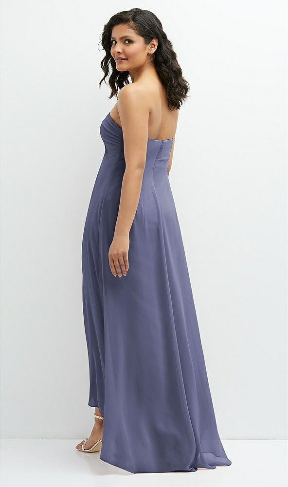 Back View - French Blue Strapless Draped Notch Neck Chiffon High-Low Dress