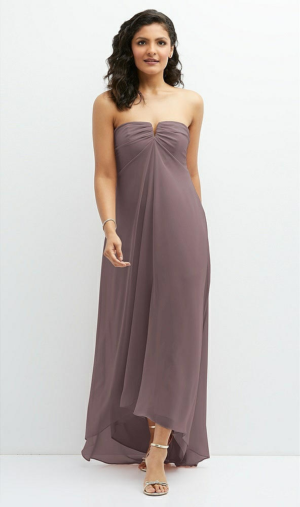 Front View - French Truffle Strapless Draped Notch Neck Chiffon High-Low Dress