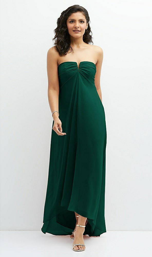 Front View - Hunter Green Strapless Draped Notch Neck Chiffon High-Low Dress