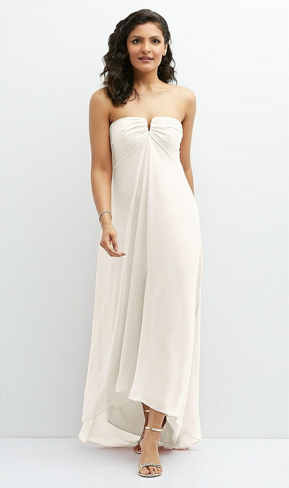 Front View - Ivory Strapless Draped Notch Neck Chiffon High-Low Dress