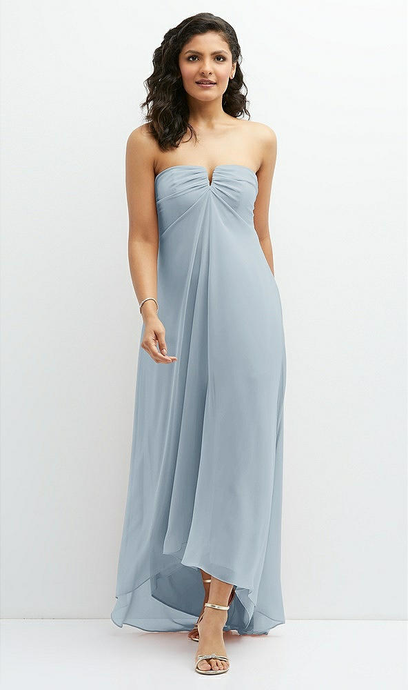 Front View - Mist Strapless Draped Notch Neck Chiffon High-Low Dress