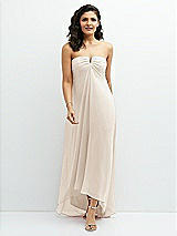 Front View Thumbnail - Oat Strapless Draped Notch Neck Chiffon High-Low Dress