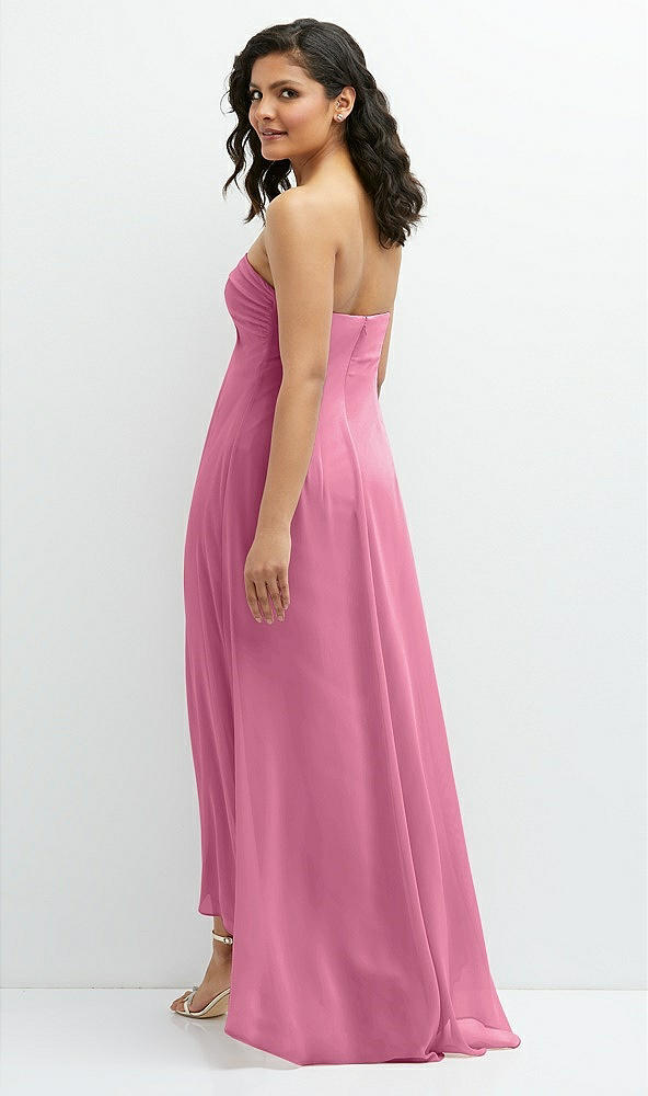 Back View - Orchid Pink Strapless Draped Notch Neck Chiffon High-Low Dress