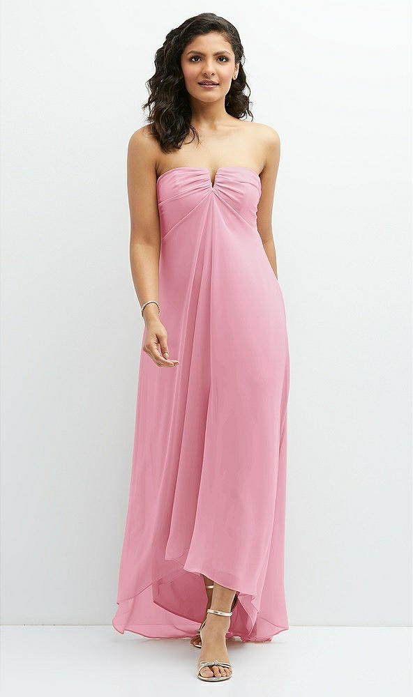 Front View - Peony Pink Strapless Draped Notch Neck Chiffon High-Low Dress