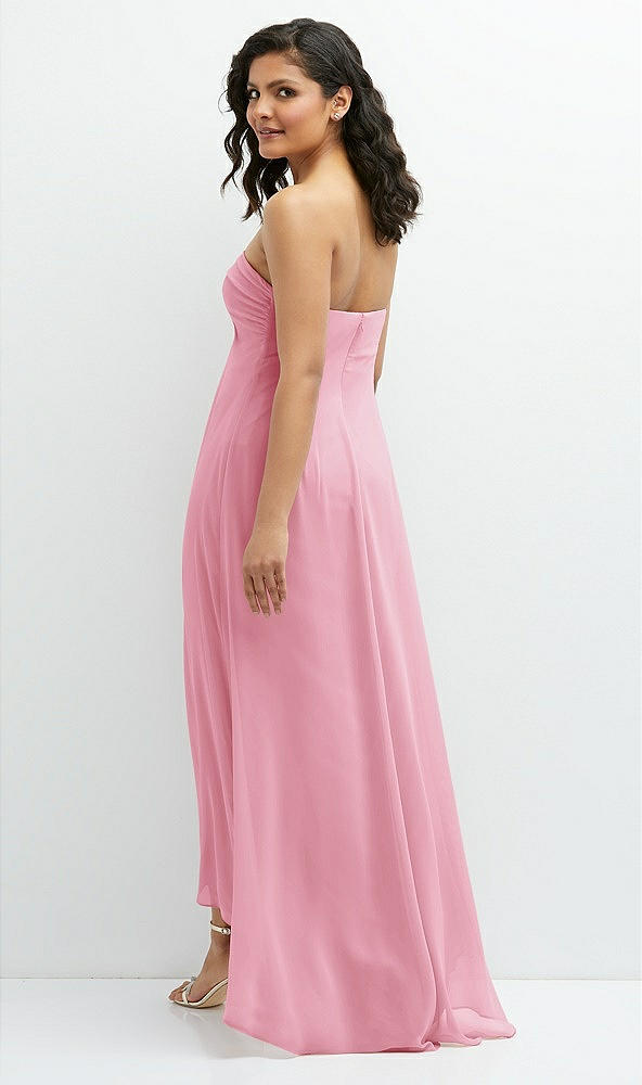 Back View - Peony Pink Strapless Draped Notch Neck Chiffon High-Low Dress