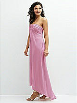 Side View Thumbnail - Powder Pink Strapless Draped Notch Neck Chiffon High-Low Dress