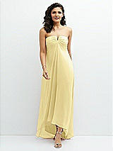 Front View Thumbnail - Pale Yellow Strapless Draped Notch Neck Chiffon High-Low Dress