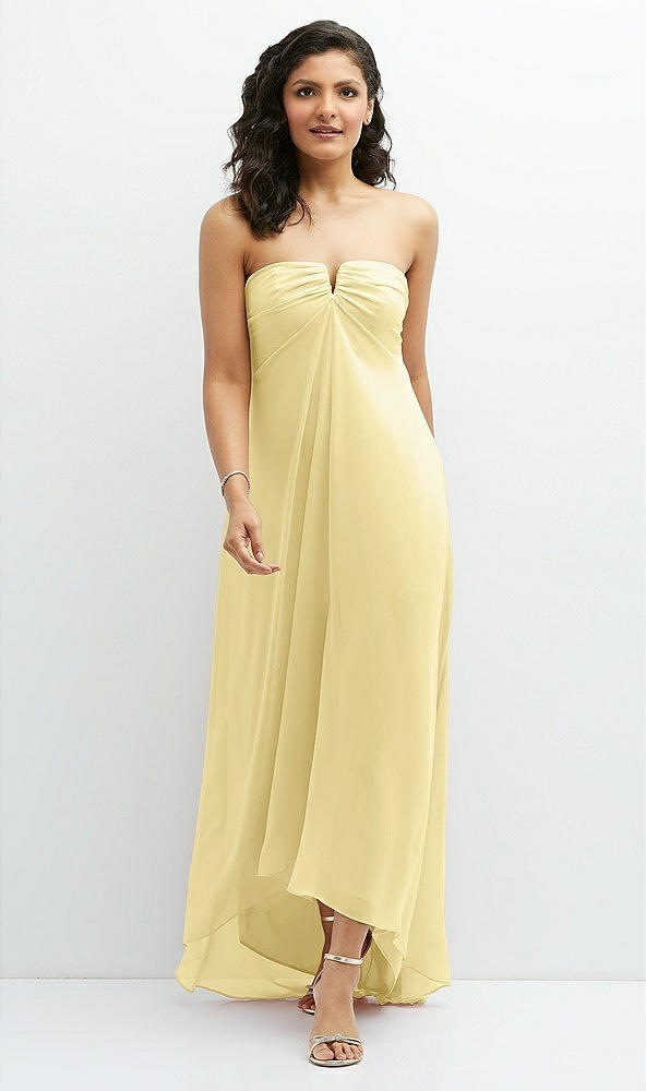 Front View - Pale Yellow Strapless Draped Notch Neck Chiffon High-Low Dress