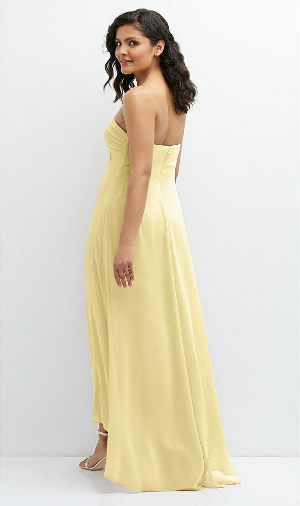 Back View - Pale Yellow Strapless Draped Notch Neck Chiffon High-Low Dress