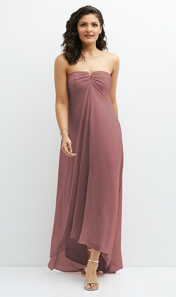 Front View - Rosewood Strapless Draped Notch Neck Chiffon High-Low Dress