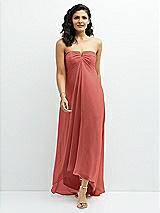 Front View Thumbnail - Coral Pink Strapless Draped Notch Neck Chiffon High-Low Dress