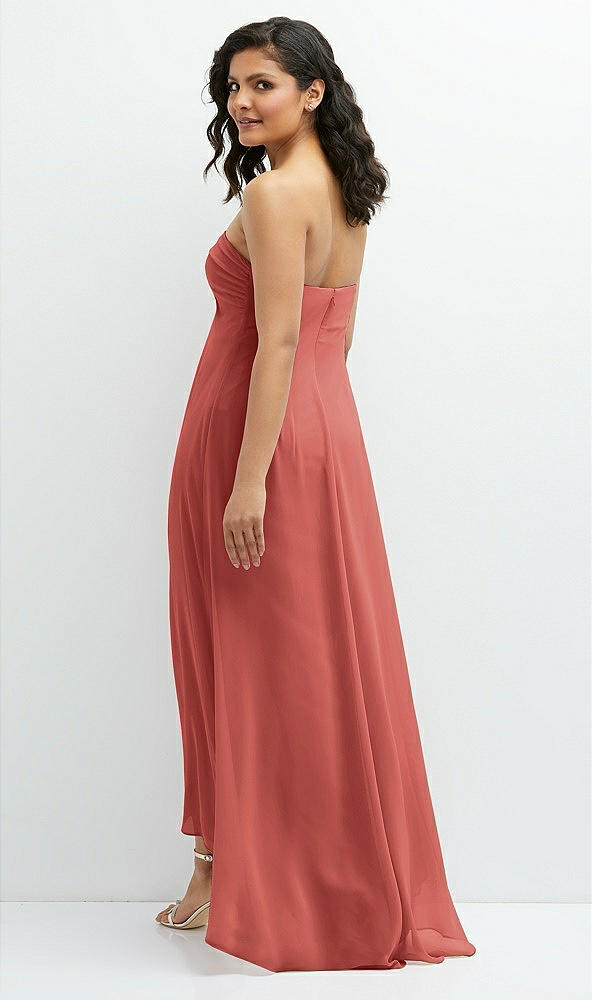 Back View - Coral Pink Strapless Draped Notch Neck Chiffon High-Low Dress