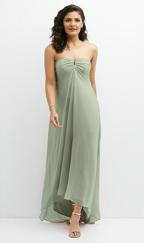 Front View - Sage Strapless Draped Notch Neck Chiffon High-Low Dress