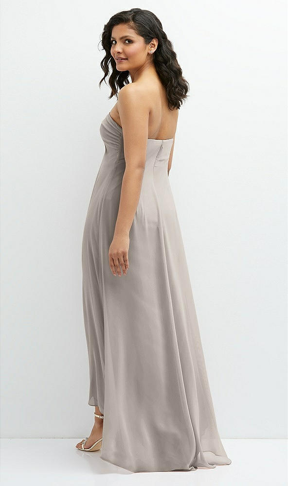 Back View - Taupe Strapless Draped Notch Neck Chiffon High-Low Dress