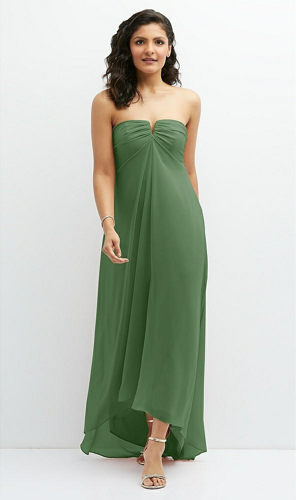 Front View - Vineyard Green Strapless Draped Notch Neck Chiffon High-Low Dress