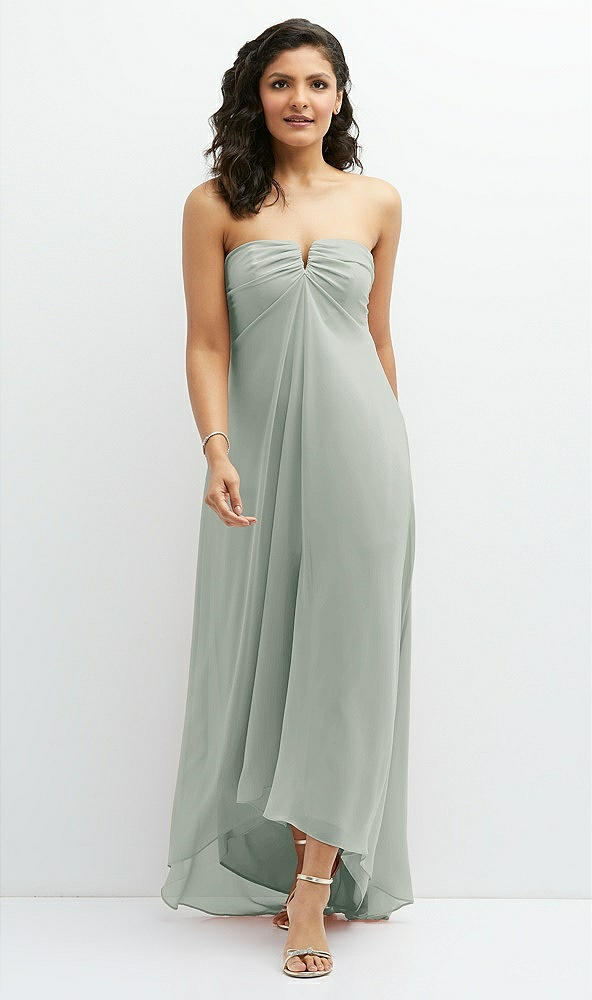 Front View - Willow Green Strapless Draped Notch Neck Chiffon High-Low Dress