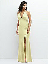 Front View Thumbnail - Butter Yellow Plunge Halter Open-Back Maxi Bias Dress with Low Tie Back