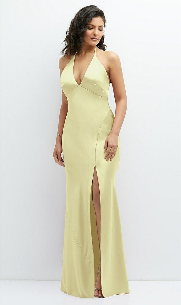 Front View - Butter Yellow Plunge Halter Open-Back Maxi Bias Dress with Low Tie Back