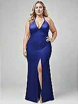 Alt View 1 Thumbnail - Cobalt Blue Plunge Halter Open-Back Maxi Bias Dress with Low Tie Back