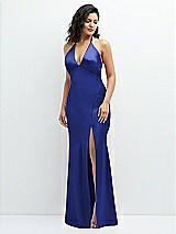 Front View Thumbnail - Cobalt Blue Plunge Halter Open-Back Maxi Bias Dress with Low Tie Back