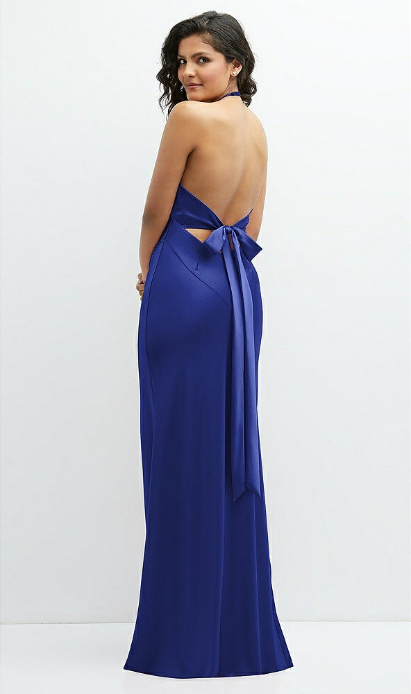 Back View - Cobalt Blue Plunge Halter Open-Back Maxi Bias Dress with Low Tie Back