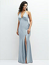 Front View Thumbnail - Mist Plunge Halter Open-Back Maxi Bias Dress with Low Tie Back