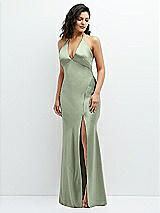 Front View Thumbnail - Sage Plunge Halter Open-Back Maxi Bias Dress with Low Tie Back