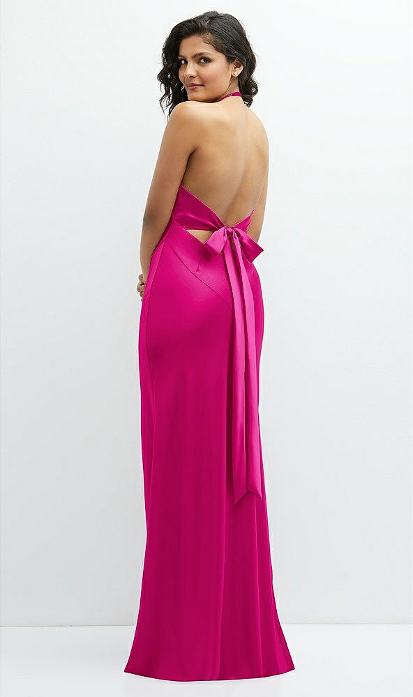 Back View - Think Pink Plunge Halter Open-Back Maxi Bias Dress with Low Tie Back