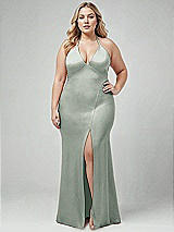 Alt View 1 Thumbnail - Willow Green Plunge Halter Open-Back Maxi Bias Dress with Low Tie Back