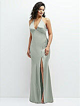 Front View Thumbnail - Willow Green Plunge Halter Open-Back Maxi Bias Dress with Low Tie Back