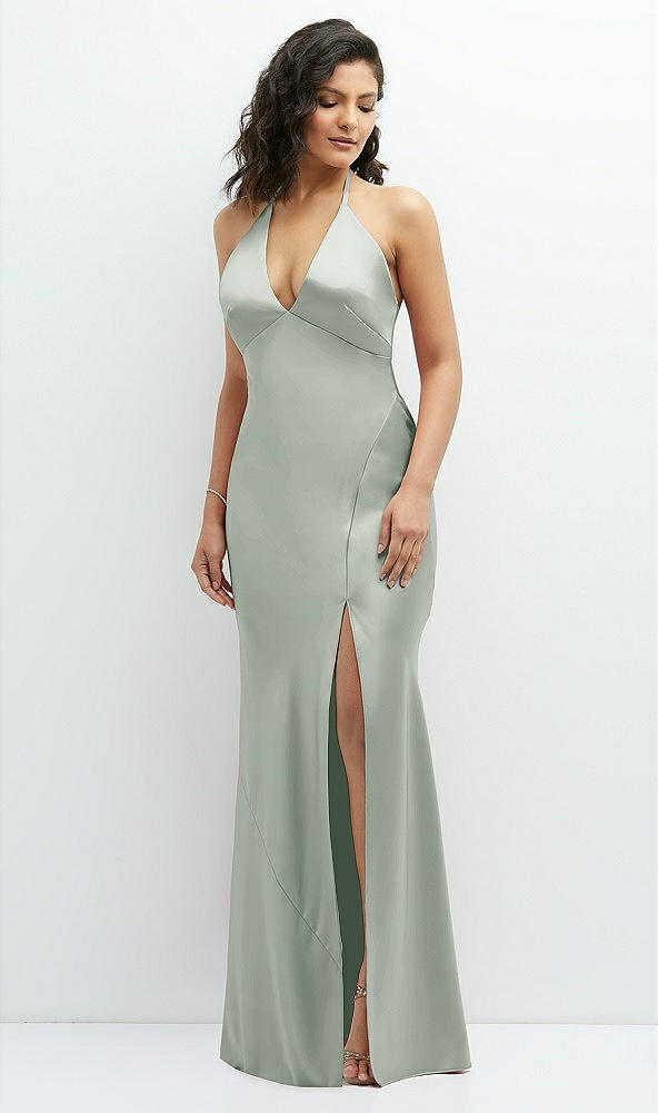 Front View - Willow Green Plunge Halter Open-Back Maxi Bias Dress with Low Tie Back