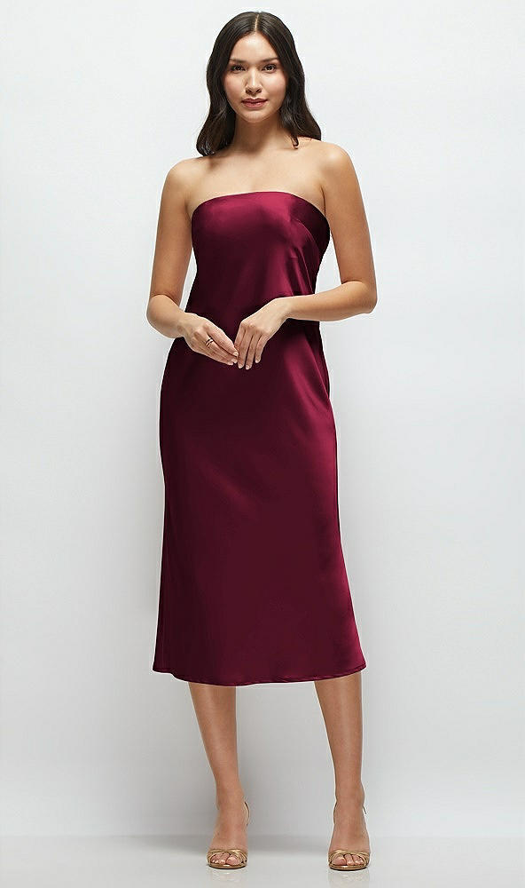 Front View - Cabernet Strapless Midi Bias Column Dress with Peek-a-Boo Corset Back