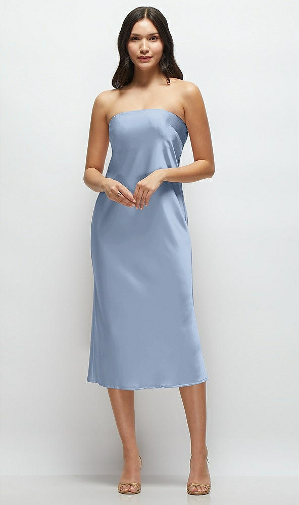 Front View - Cloudy Strapless Midi Bias Column Dress with Peek-a-Boo Corset Back