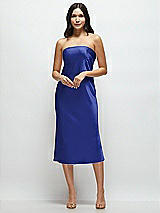 Front View Thumbnail - Cobalt Blue Strapless Midi Bias Column Dress with Peek-a-Boo Corset Back