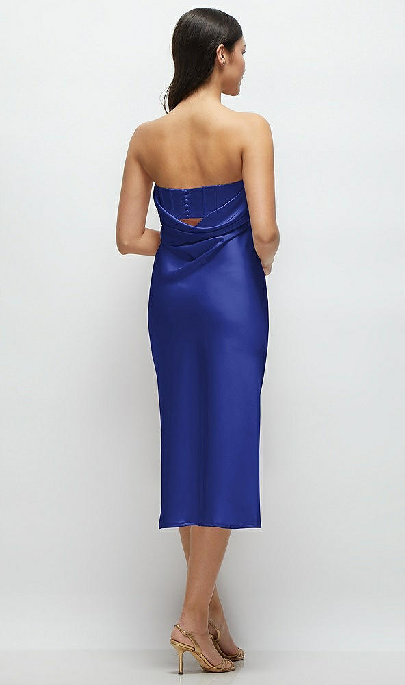 Back View - Cobalt Blue Strapless Midi Bias Column Dress with Peek-a-Boo Corset Back