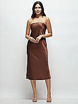 Front View Thumbnail - Cognac Strapless Midi Bias Column Dress with Peek-a-Boo Corset Back