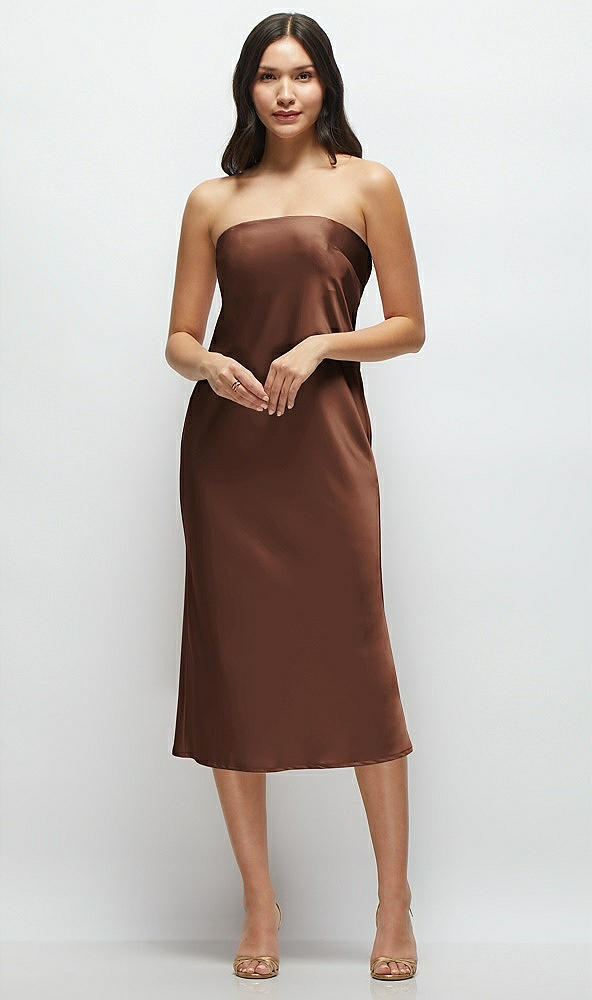 Front View - Cognac Strapless Midi Bias Column Dress with Peek-a-Boo Corset Back