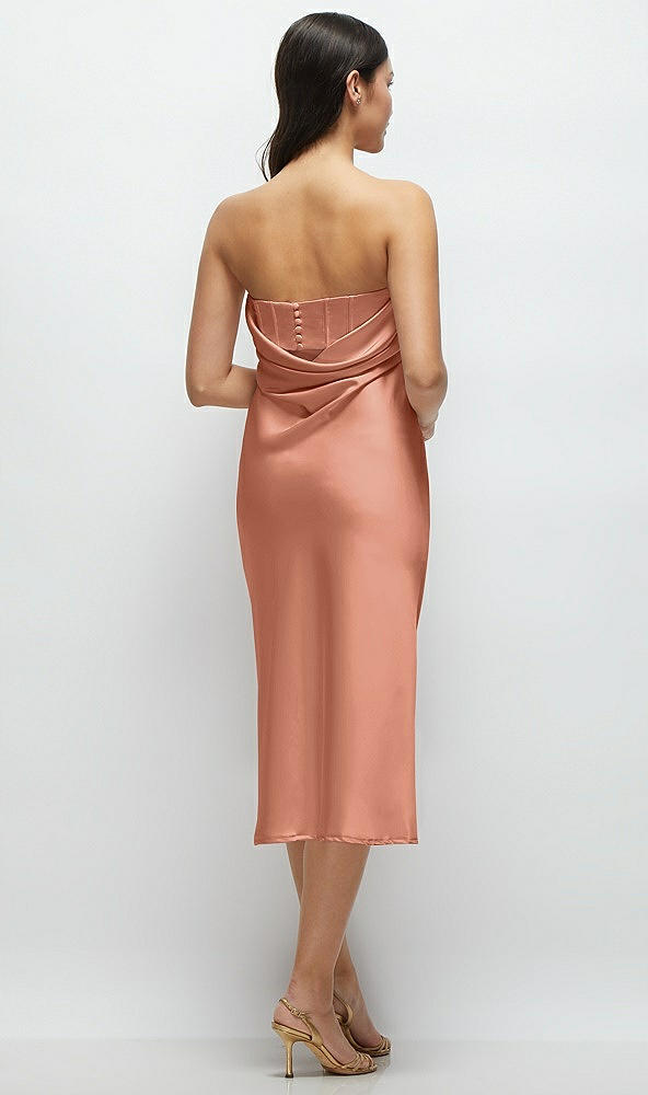 Back View - Copper Penny Strapless Midi Bias Column Dress with Peek-a-Boo Corset Back