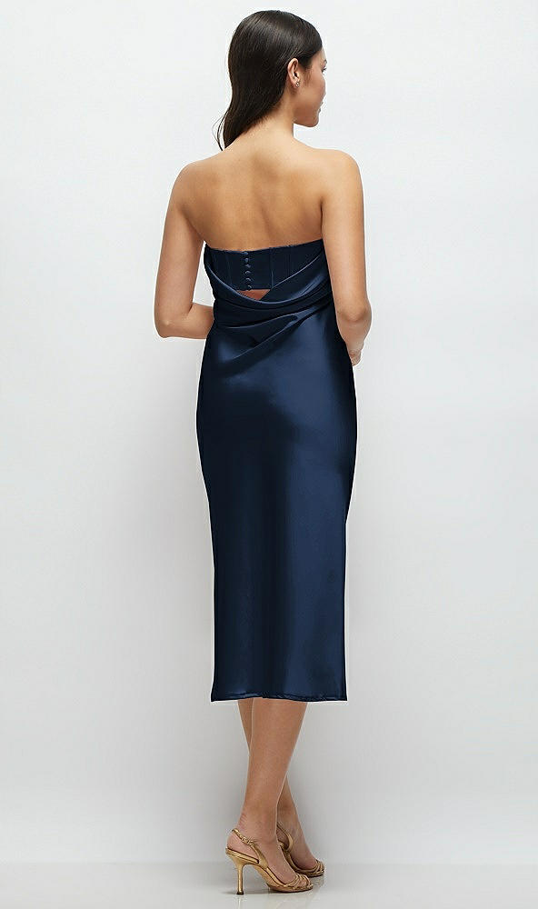 Back View - Midnight Navy Strapless Midi Bias Column Dress with Peek-a-Boo Corset Back